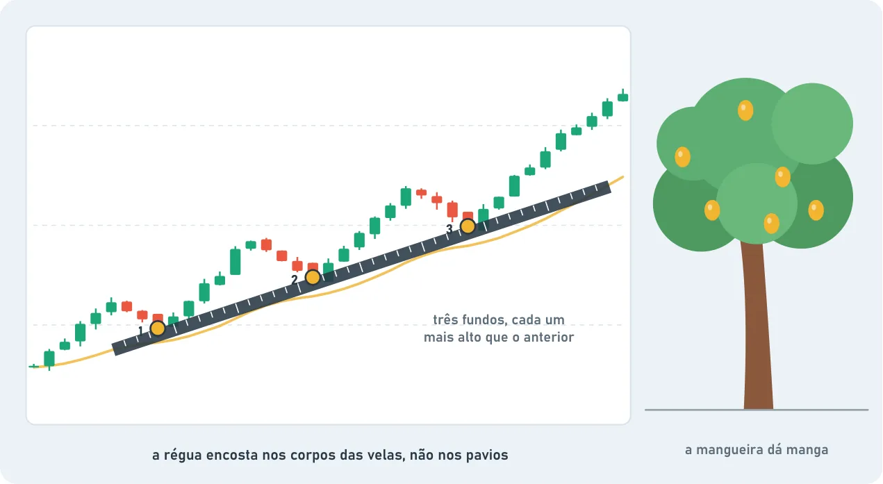 A rising candlestick chart with a ruler connecting three numbered lows, each higher than the one before. The ruler touches the candle bodies, not the wicks. Beside it, a mango tree full of fruit: a mango tree gives mangoes, a trend keeps its own shape.
